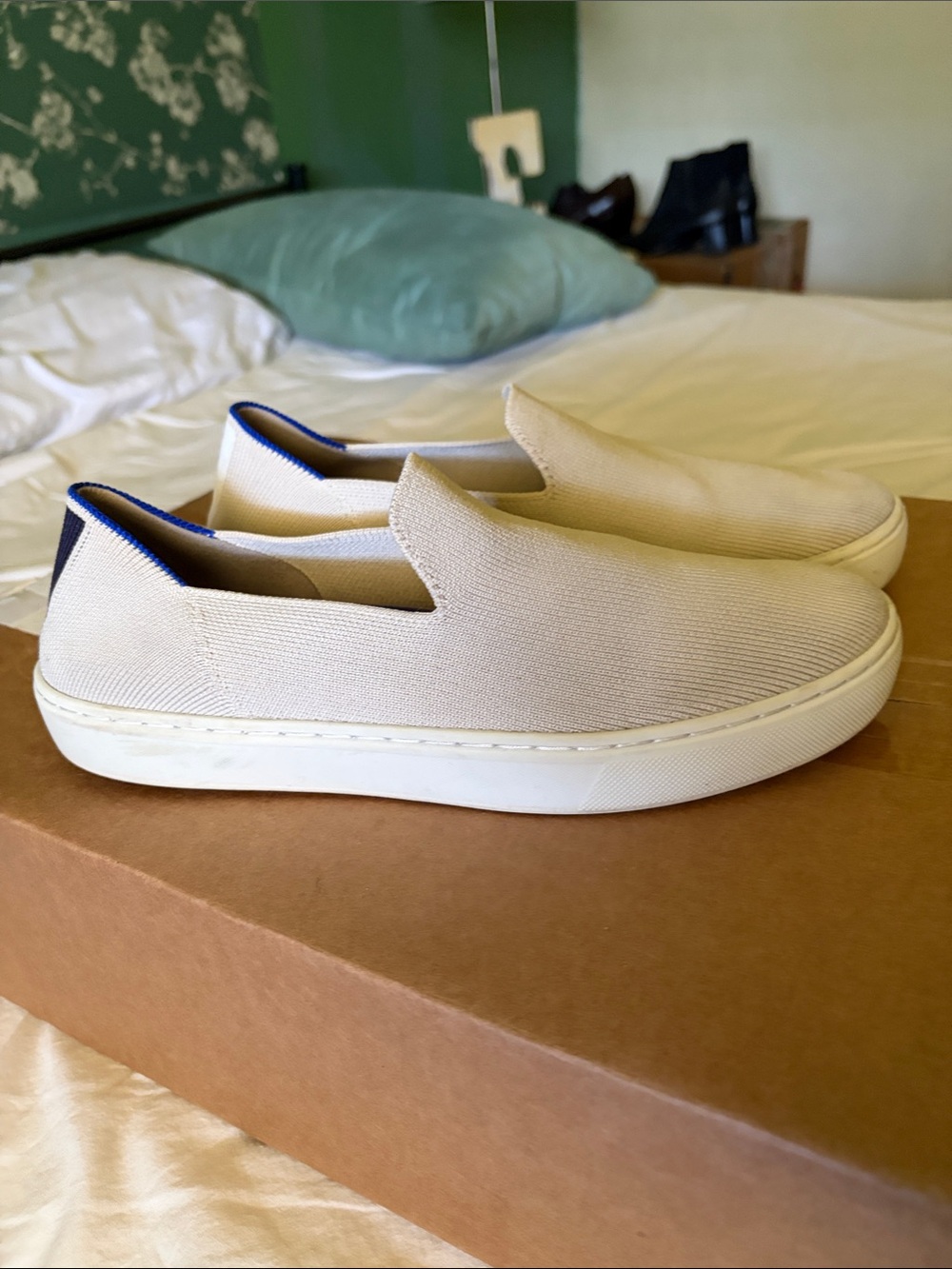 Rothy's Slip-On Sneakers in Beige with Navy Heel Tab
